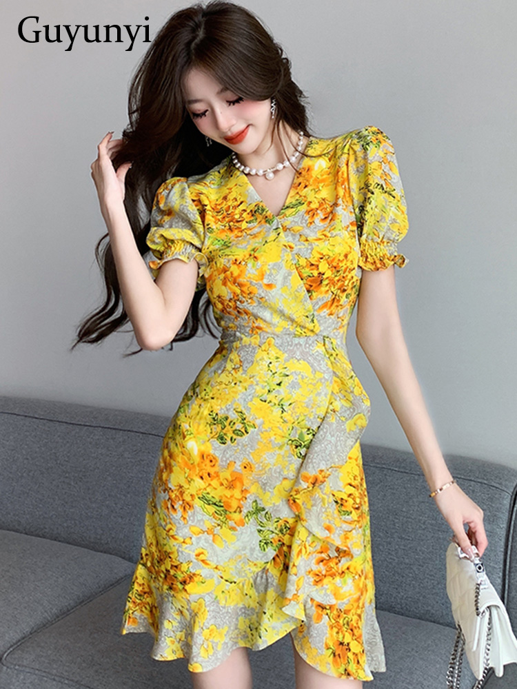 French Vintage Floral Midi Dress - Vestido floral estampado em v com