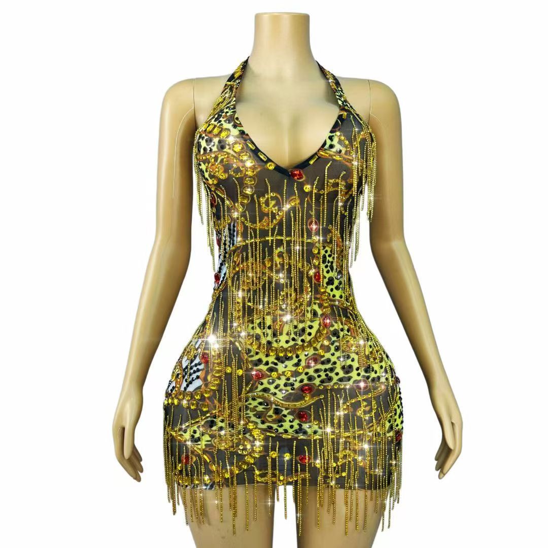 Sparkly Rhinestone Club Party Dress - Vestido Mini Bodycon com Correntes de