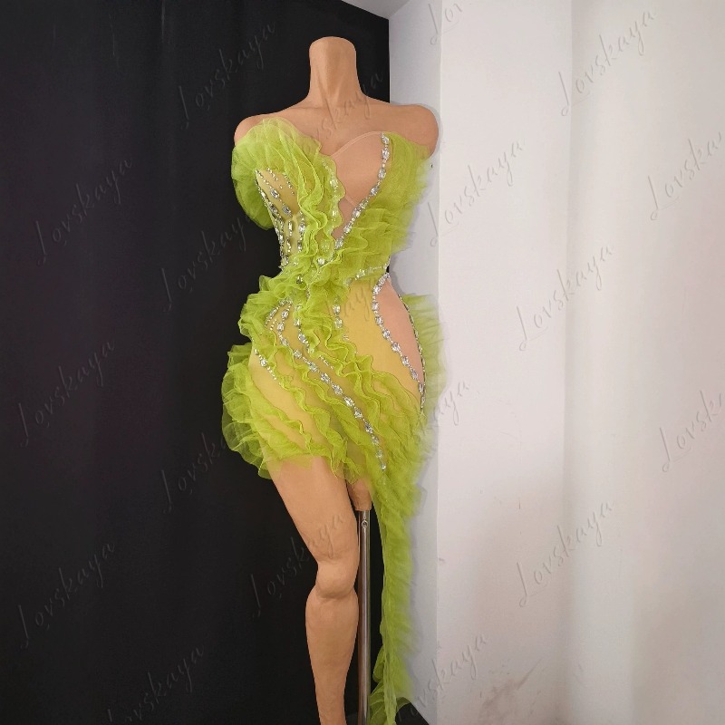 Sparkly Rhinestone Club Party Dress - Vestido de Malha Transparente Luxuoso com