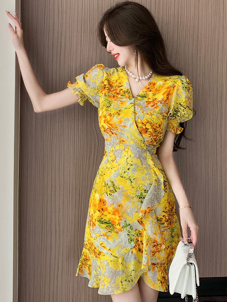 Vestido floral estampado em v  - French Vintage Floral Midi Dress avaliação e preço