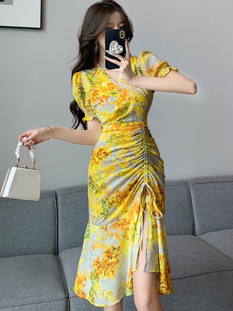 Vestido floral estampado em v  - French Vintage Floral Midi Dress avaliação e preço