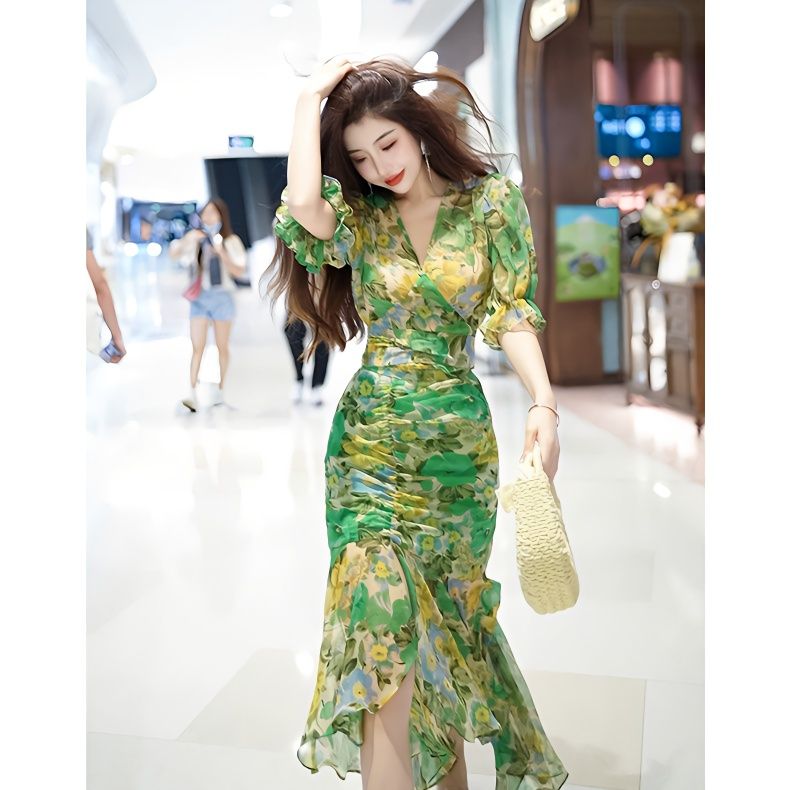 Novo estilo de moda verão vest - French Vintage Floral Midi Dress avaliação e preço